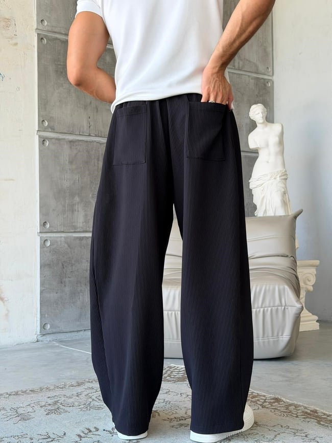 Ottoman kumaş FİTİLLİ Wide Leg Pantolon -SİYAH