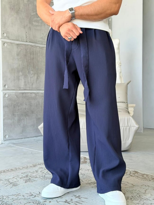 Ottoman kumaş FİTİLLİ Wide Leg Pantolon - LACİVERT