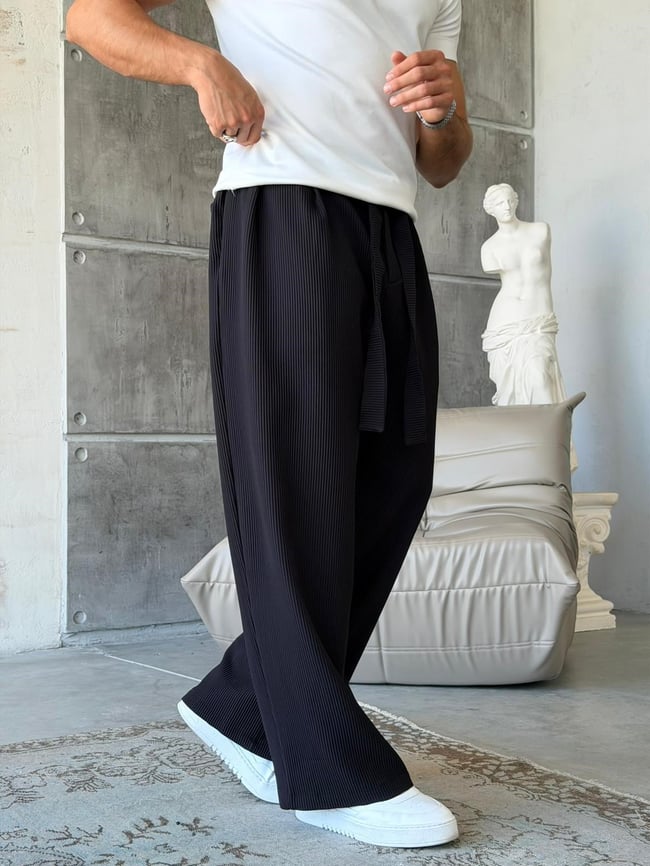 Ottoman kumaş FİTİLLİ Wide Leg Pantolon -SİYAH