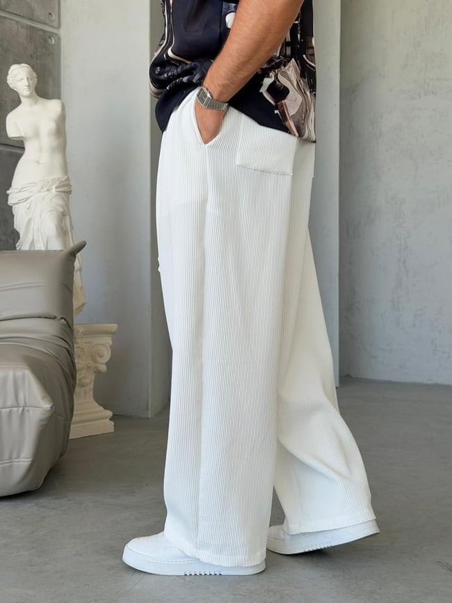 Ottoman kumaş FİTİLLİ Wide Leg Pantolon - BEYAZ