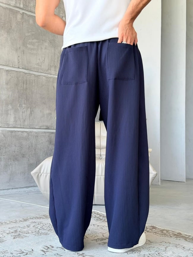 Ottoman kumaş FİTİLLİ Wide Leg Pantolon - LACİVERT