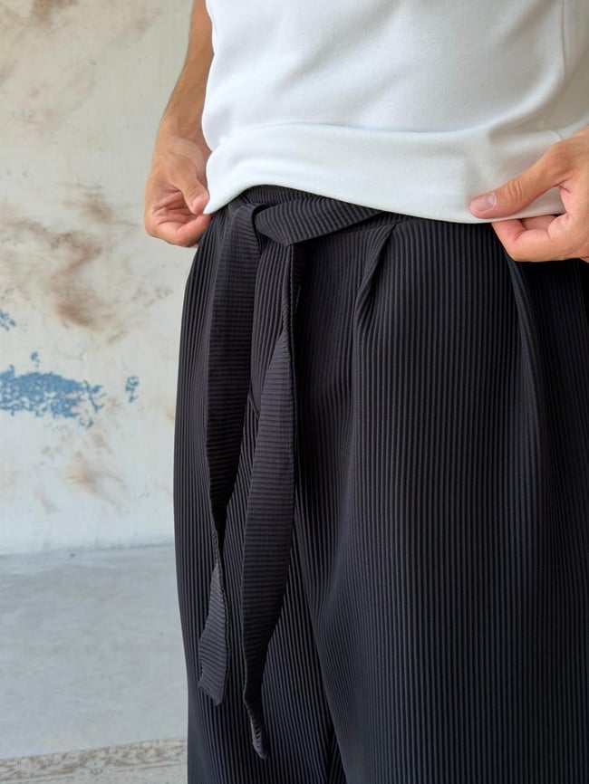 Ottoman kumaş FİTİLLİ Wide Leg Pantolon -SİYAH