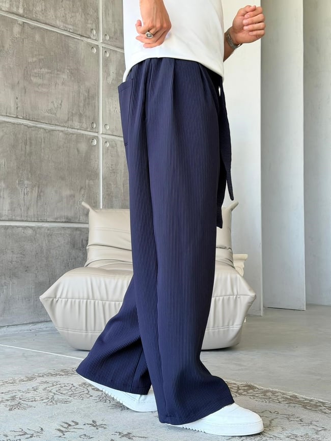 Ottoman kumaş FİTİLLİ Wide Leg Pantolon - LACİVERT