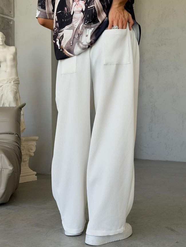 Ottoman kumaş FİTİLLİ Wide Leg Pantolon - BEYAZ