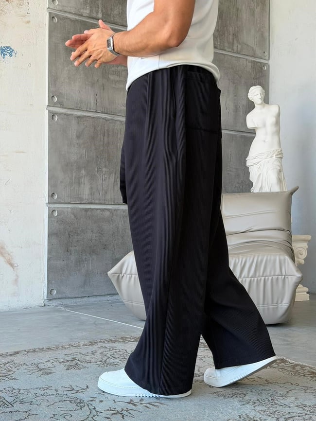 Ottoman kumaş FİTİLLİ Wide Leg Pantolon -SİYAH