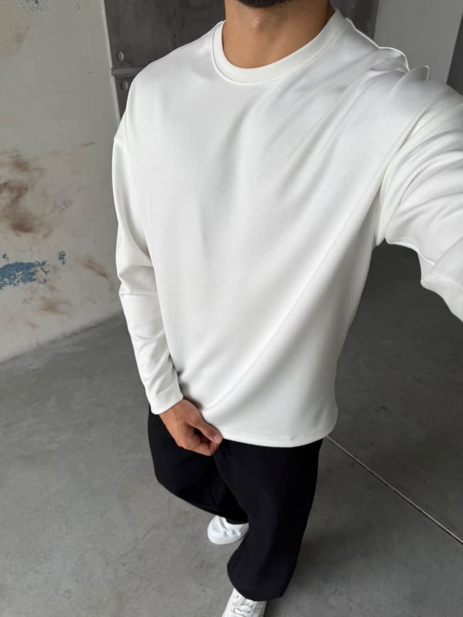 Oversize Basic Modal Kumaş Sweat Beyaz