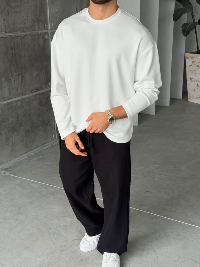Oversize Basic Modal Kumaş Sweat Beyaz