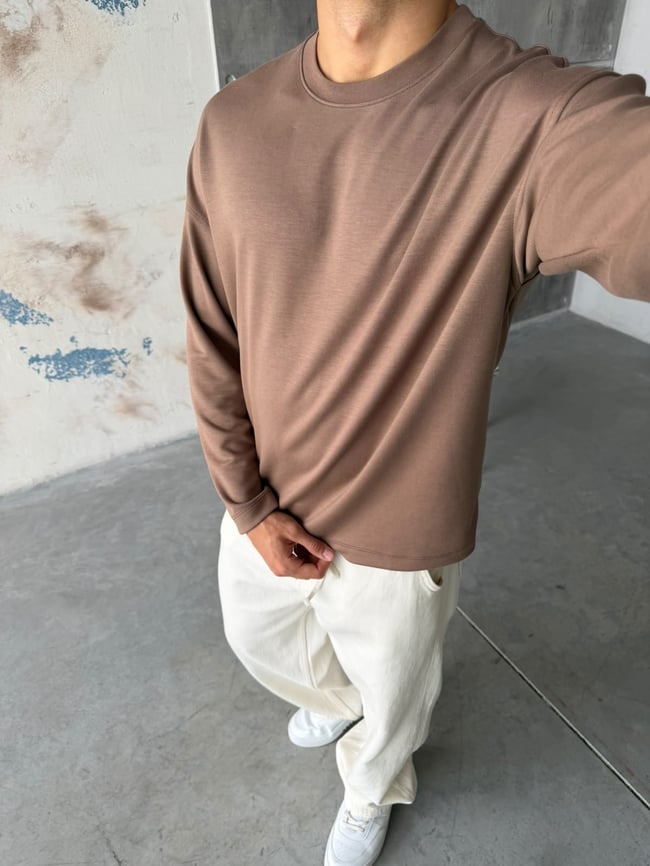 Oversize Basic Modal Kumaş Sweat Kahve
