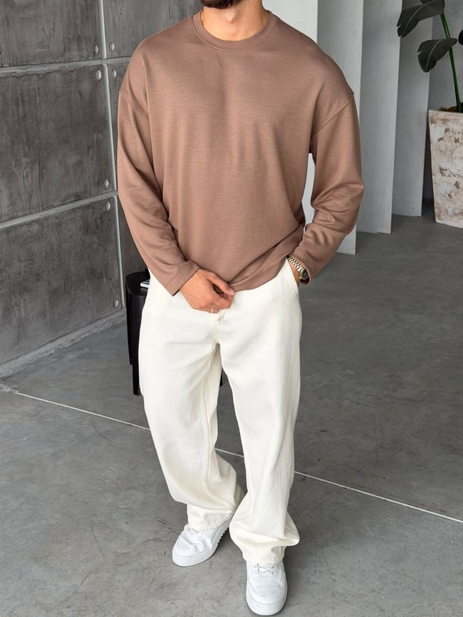 Oversize Basic Modal Kumaş Sweat Kahve