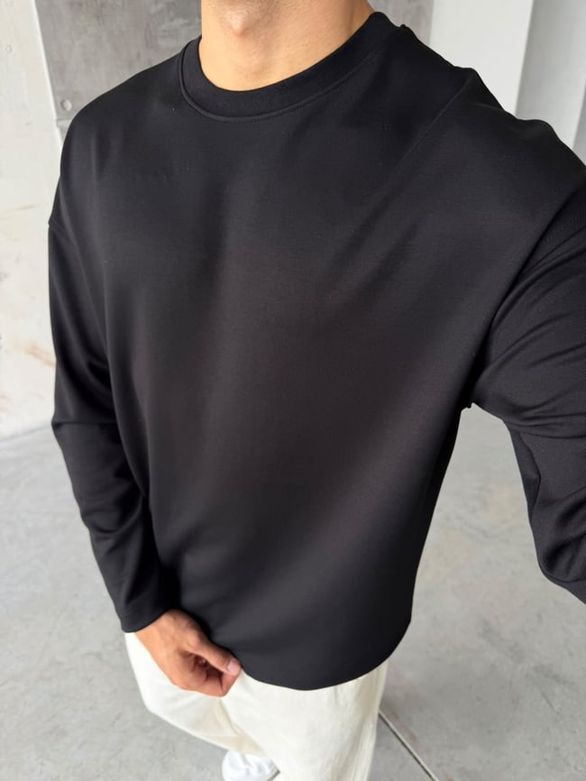 Oversize Basic Modal Kumaş Sweat Siyah