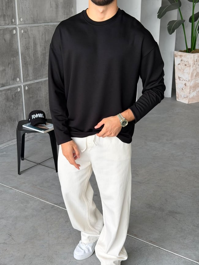 Oversize Basic Modal Kumaş Sweat Siyah