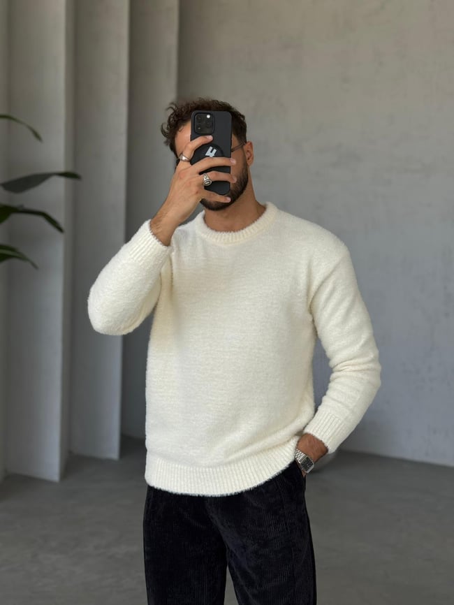 Oversize Basic Yün Kazak Ekru