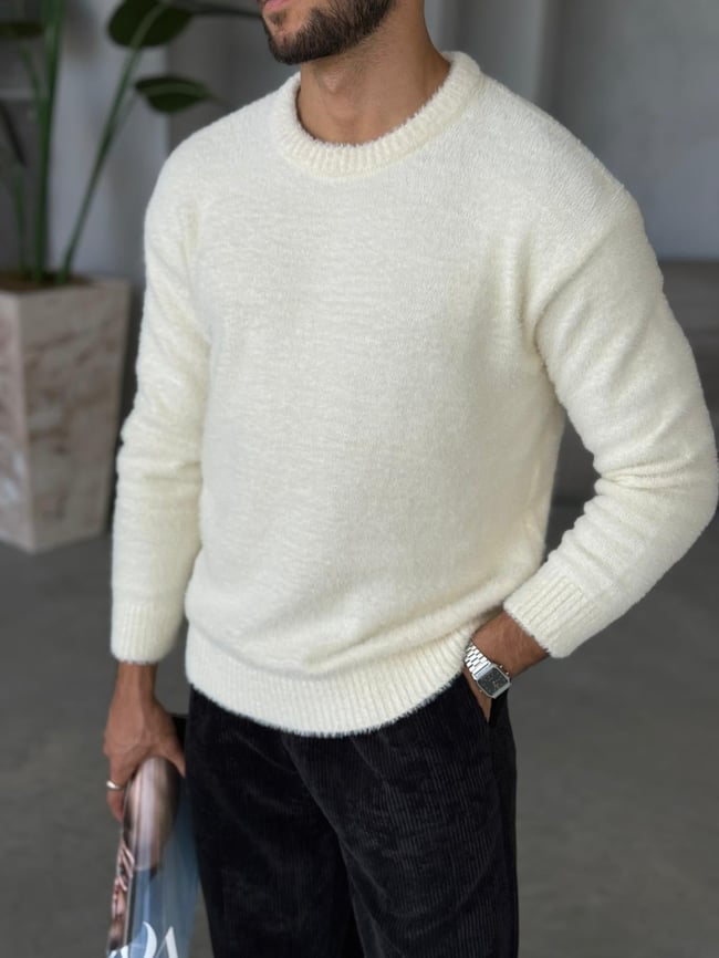 Oversize Basic Yün Kazak Ekru