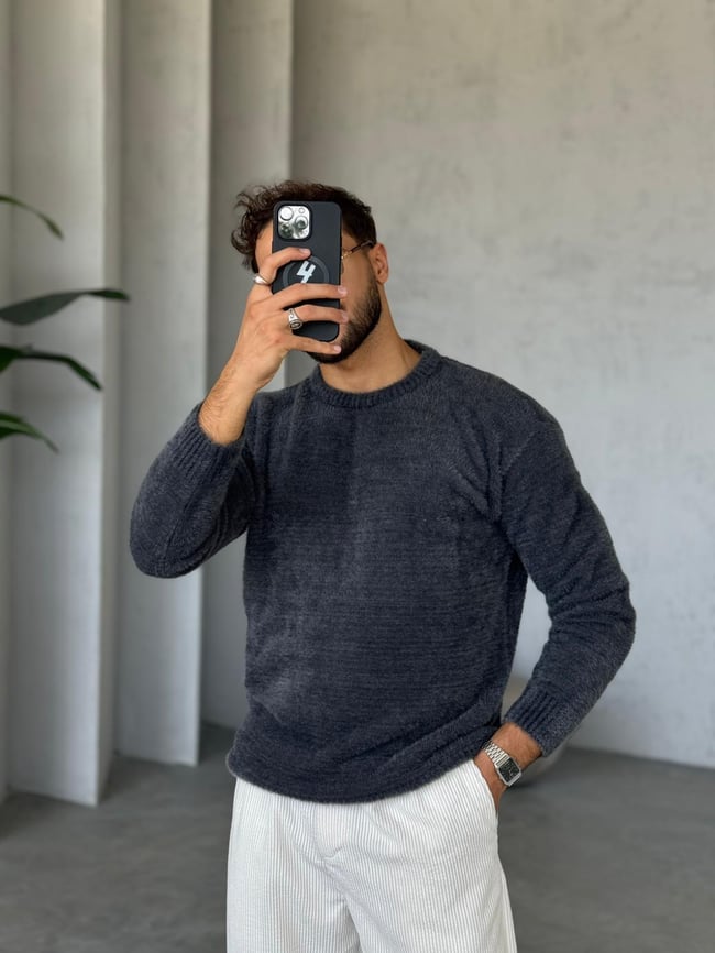 Oversize Basic Yün Kazak Gri