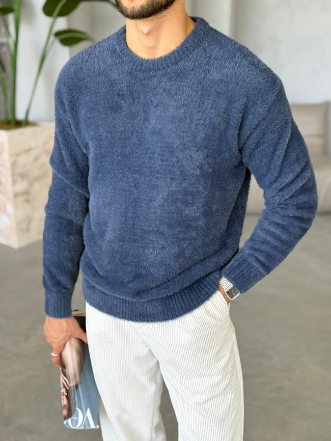 Oversize Basic Yün Kazak İndigo