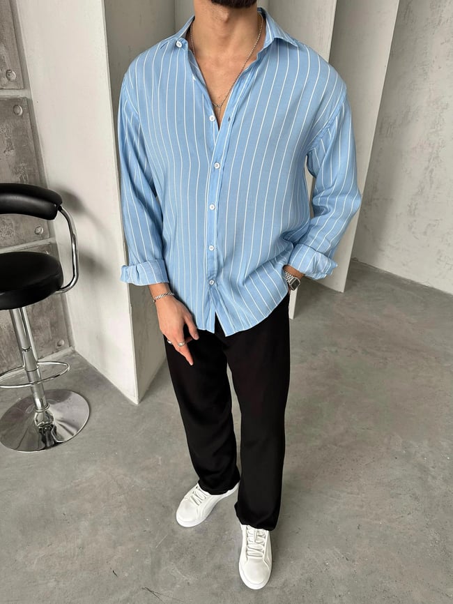 Oversize Çizgili Modal Gömlek Bebe Mavi