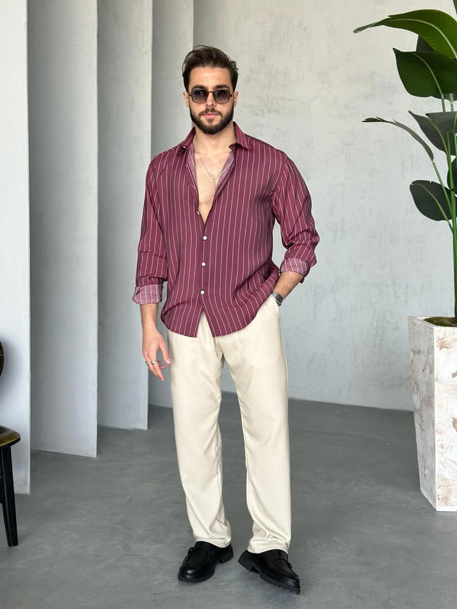 Oversize Çizgili Modal Gömlek Bordo