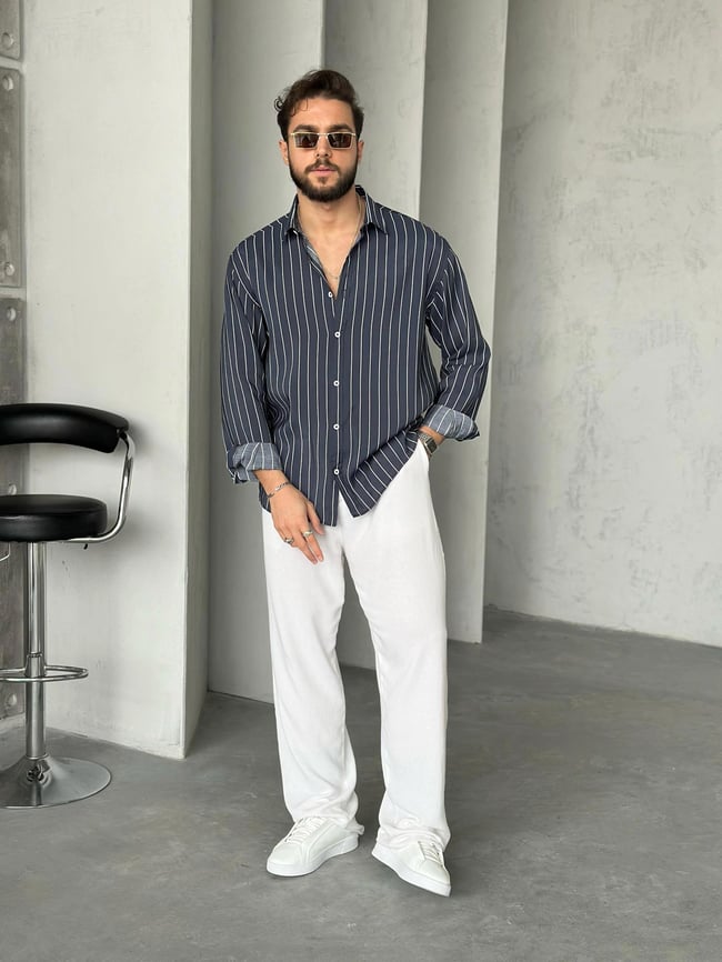 Oversize Çizgili Modal Gömlek Lacivert Beyaz
