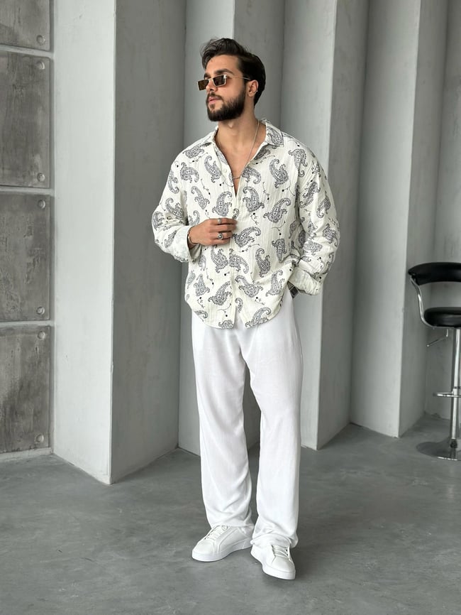 Oversize Desenli Müslin Gömlek Ekru Lacivert