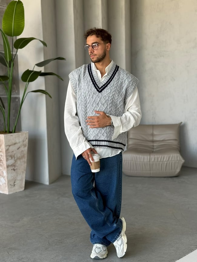 Oversize Desenli Örme Süveter Gri G