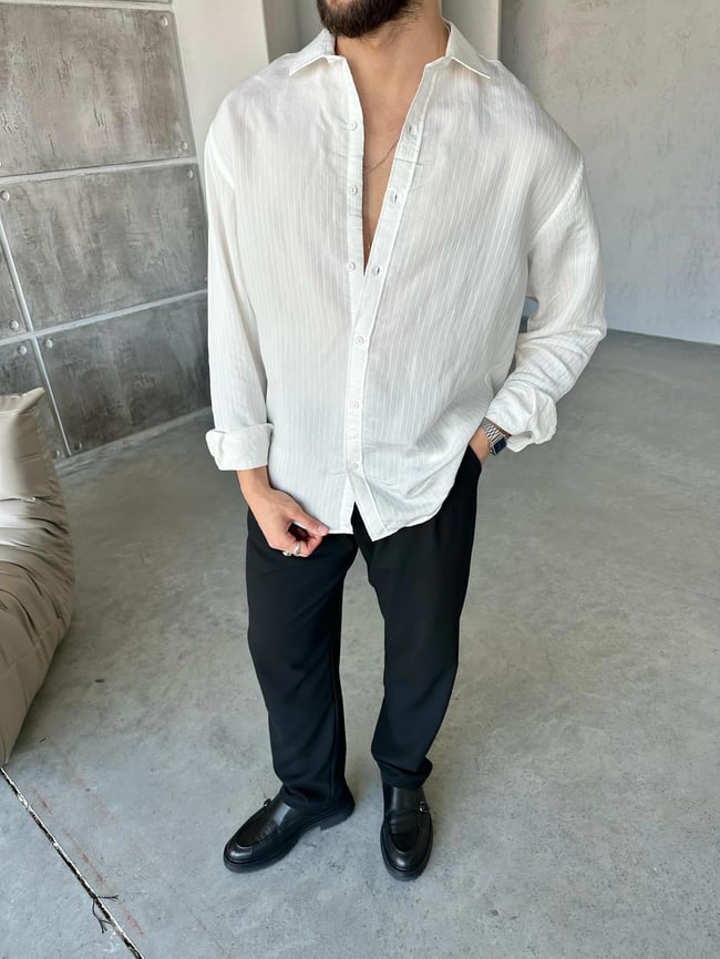Oversize Dikey Çizgili Beyaz Modal Gömlek