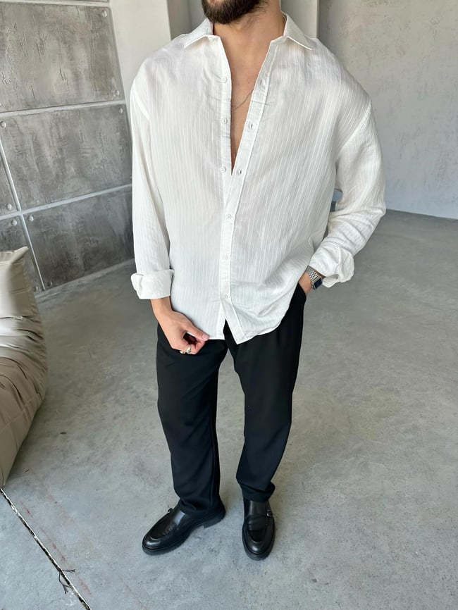 Oversize Dikey Çizgili Beyaz Modal Gömlek