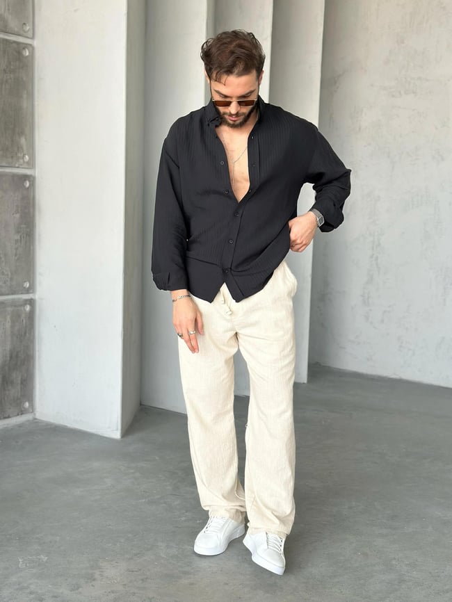 Oversize Dikey Çizgili Siyah Modal Gömlek
