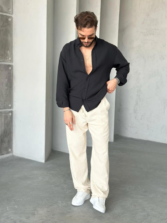 Oversize Dikey Çizgili Siyah Modal Gömlek