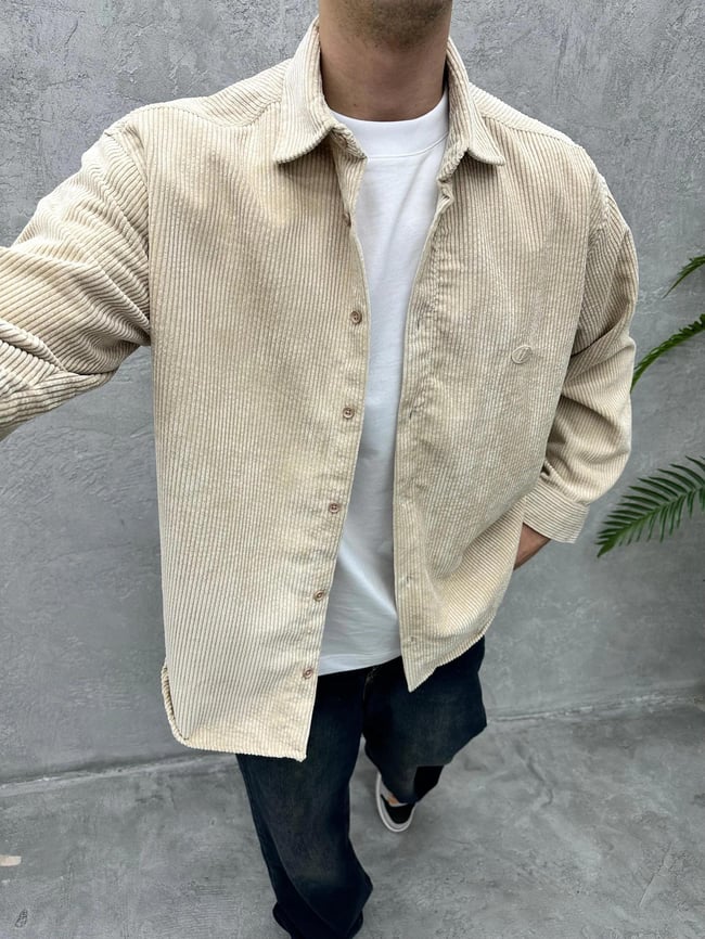 Oversize Kadife Kumaş Gömlek Krem