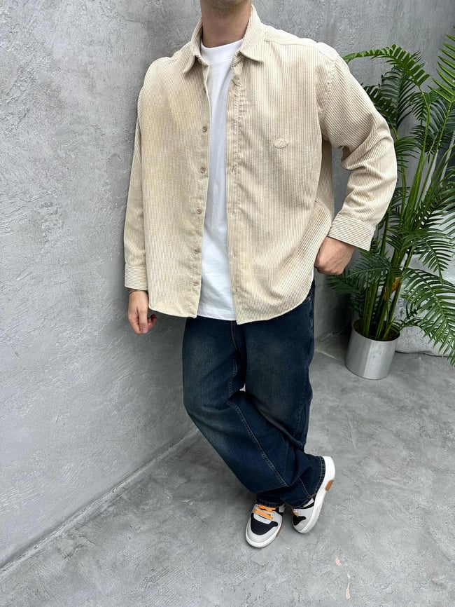 Oversize Kadife Kumaş Gömlek Krem