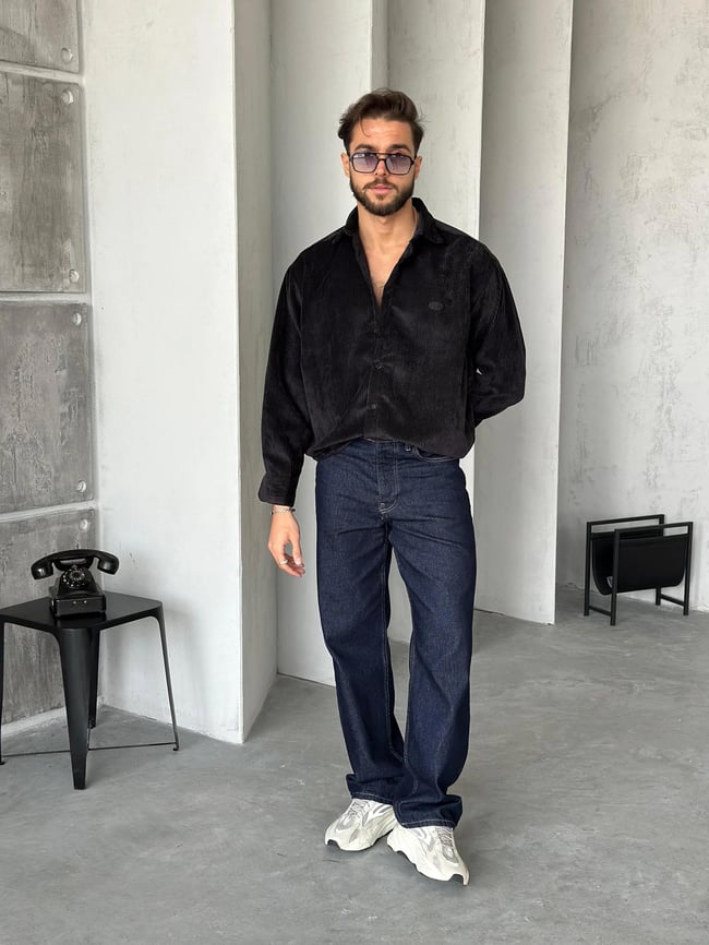 Oversize Kadife Kumaş Gömlek Siyah