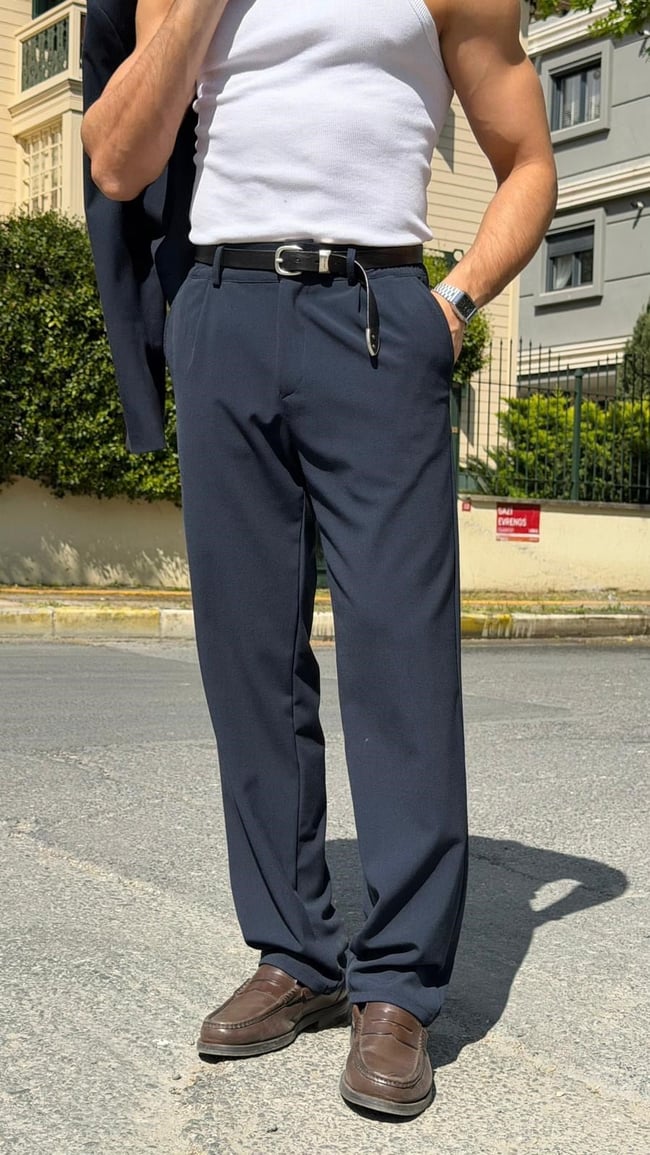 Oversize Kemer Detaylı Kruvaze Blazer Takım -Lacivert