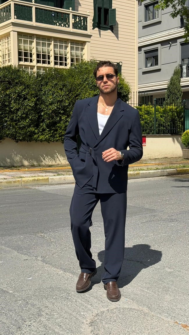 Oversize Kemer Detaylı Kruvaze Blazer Takım -Lacivert