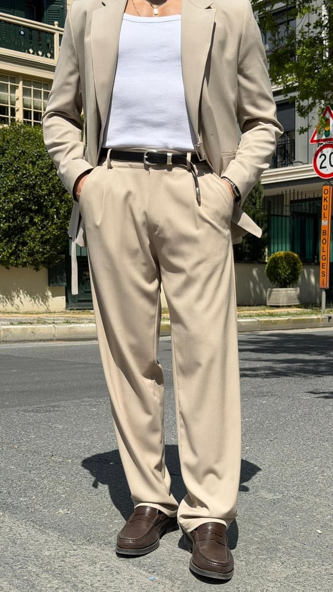 Oversize Kemer Detaylı Kruvaze Blazer Takım -Krem