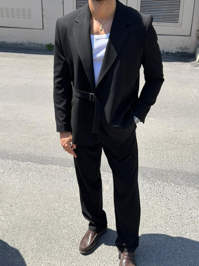 Oversize Kemer Detaylı Kruvaze Blazer Takım -Siyah
