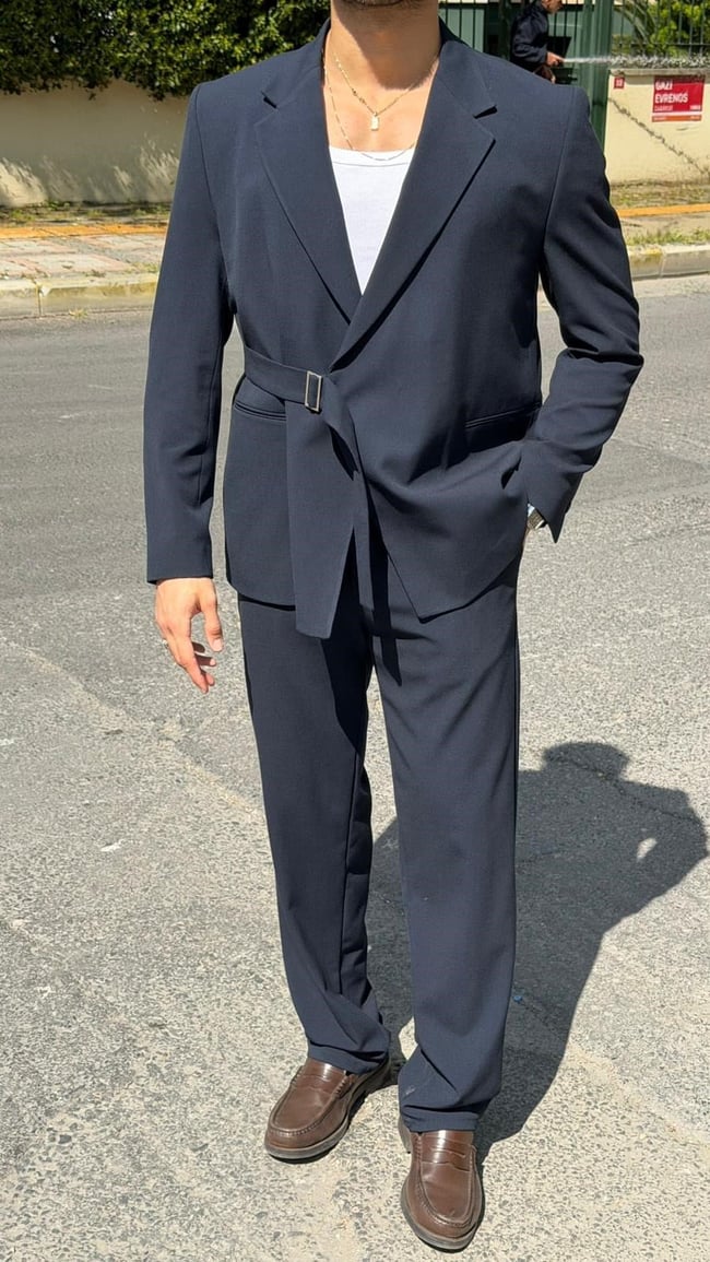 Oversize Kemer Detaylı Kruvaze Blazer Takım -Lacivert