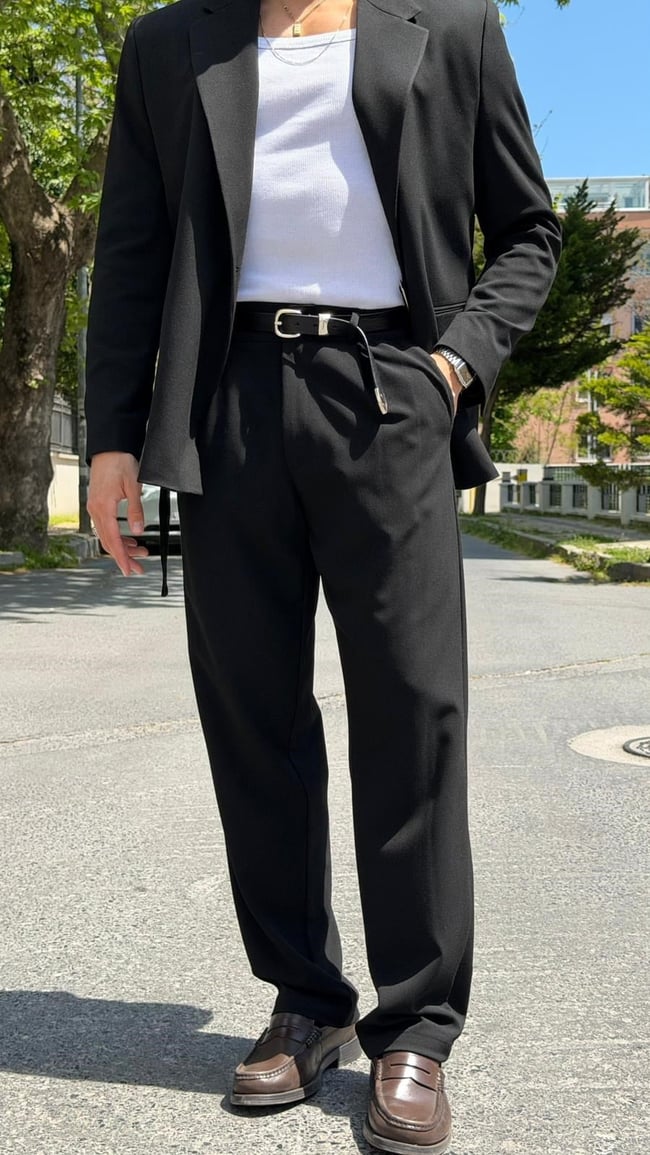 Oversize Kemer Detaylı Kruvaze Blazer Takım -Siyah