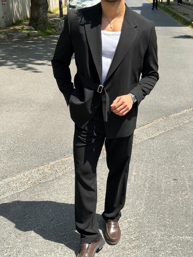 Oversize Kemer Detaylı Kruvaze Blazer Takım -Siyah