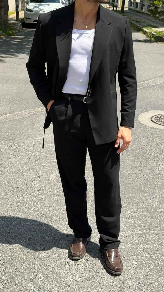 Oversize Kemer Detaylı Kruvaze Blazer Takım -Siyah