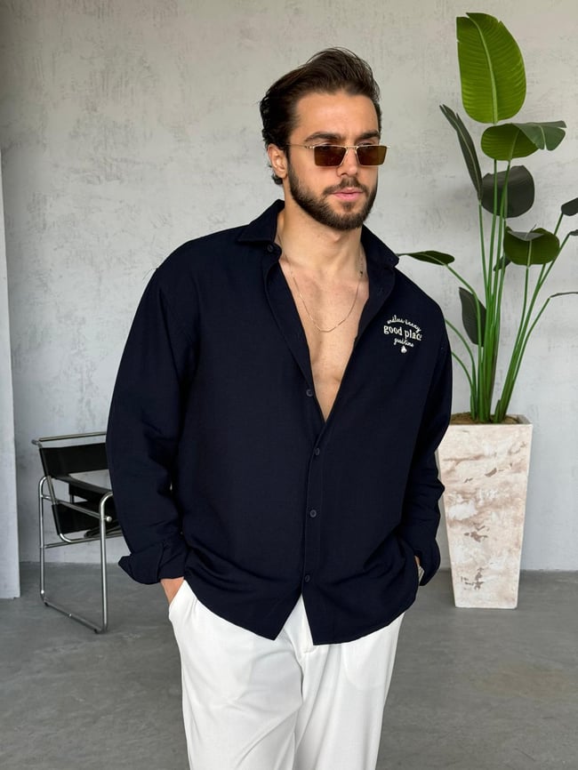 Oversize Nakış Yazılı Keten Gömlek - Lacivert