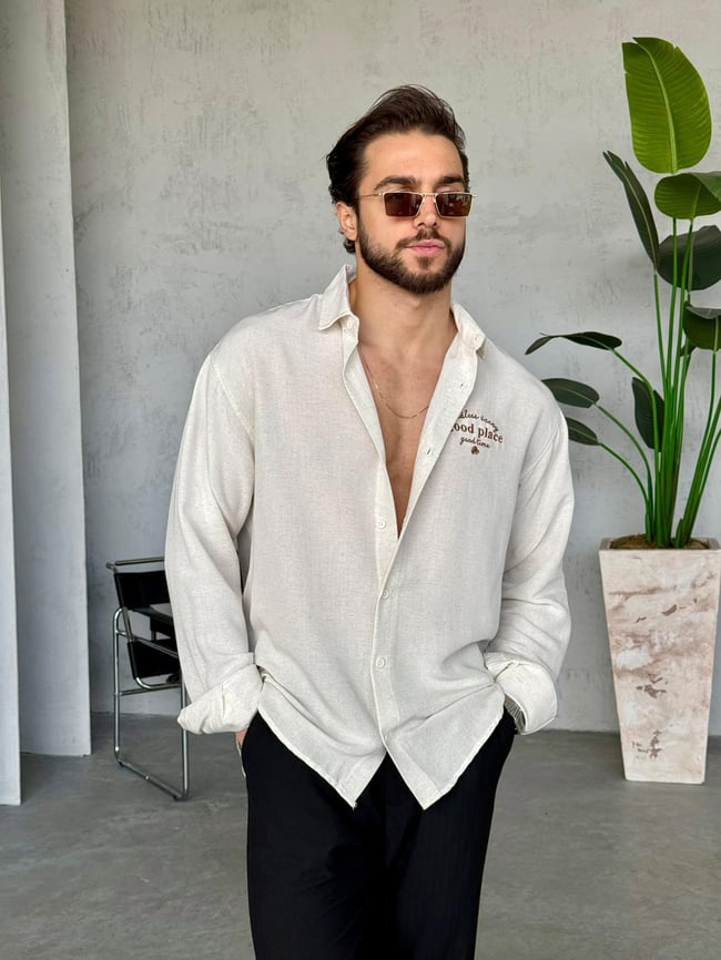 Oversize Nakış Yazılı Keten Gömlek - Natürel Beyaz