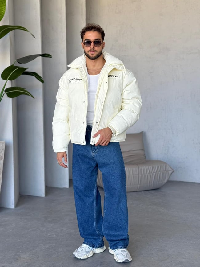 Oversize Nakışlı Şişme Mont BEJ