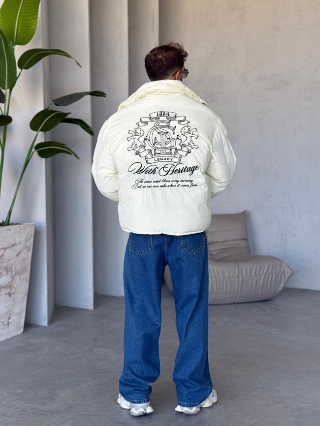 Oversize Nakışlı Şişme Mont BEJ