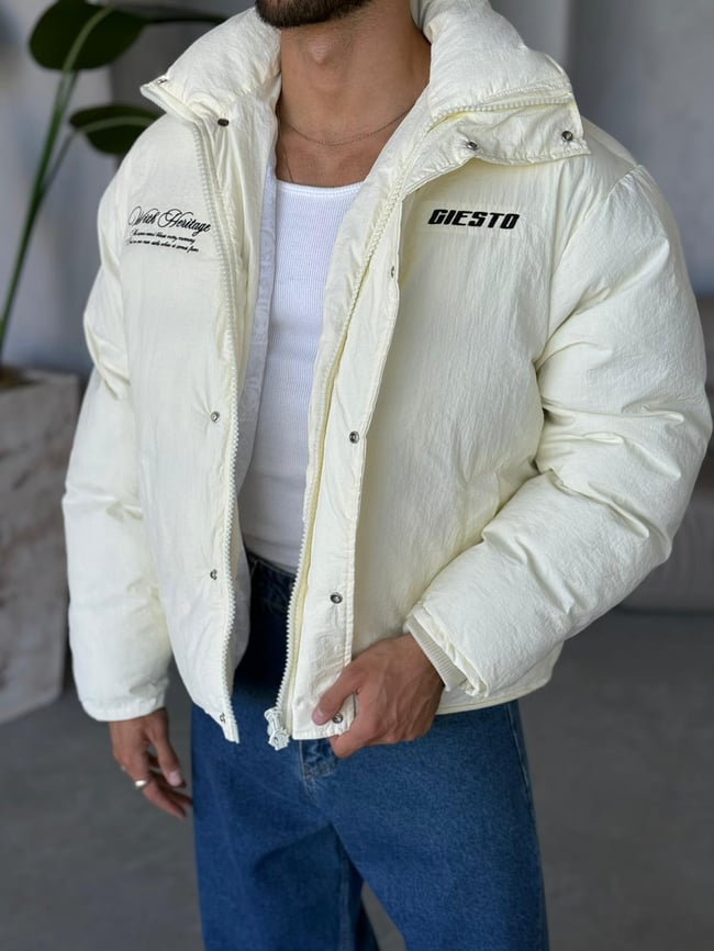 Oversize Nakışlı Şişme Mont BEJ