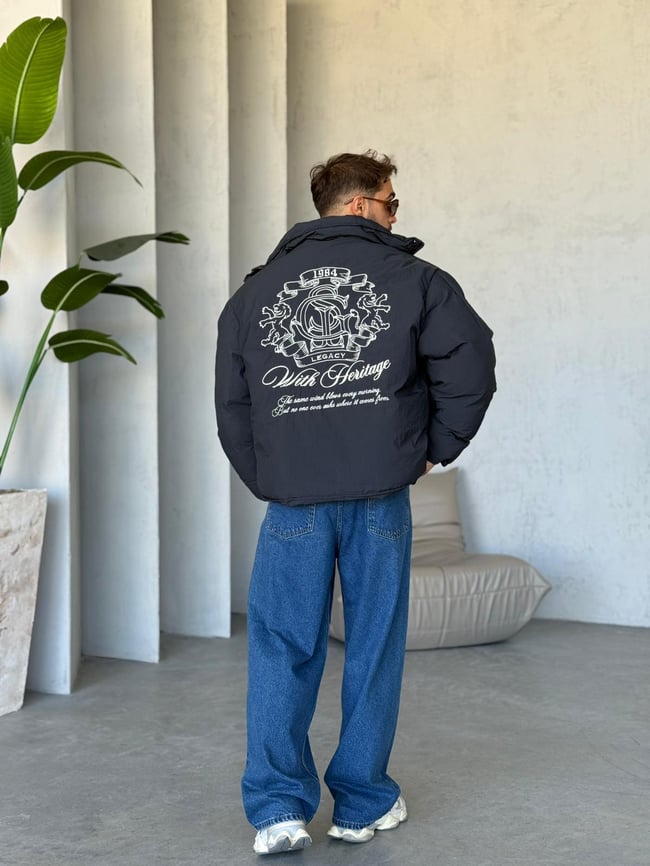 Oversize Nakışlı Şişme Mont SİYAH