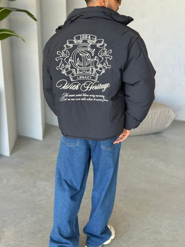 Oversize Nakışlı Şişme Mont SİYAH