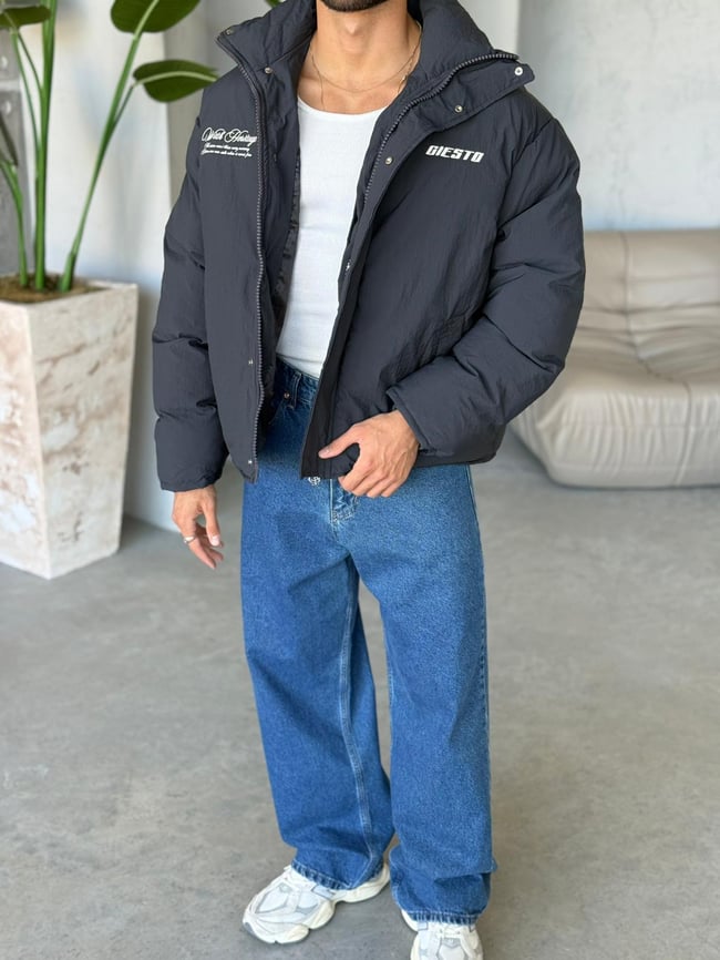 Oversize Nakışlı Şişme Mont SİYAH