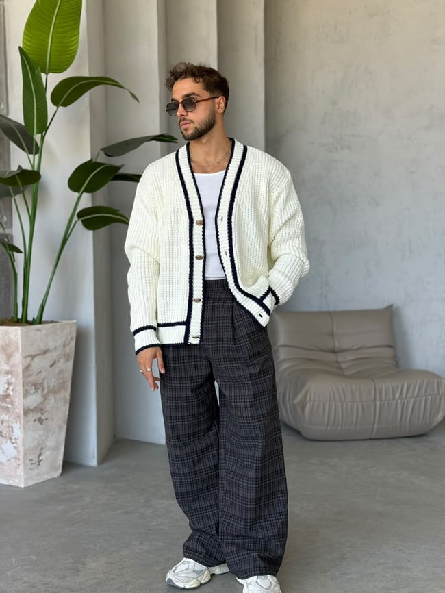 Oversize Old Money Şeritli Örme Hırka Ekru-Laci