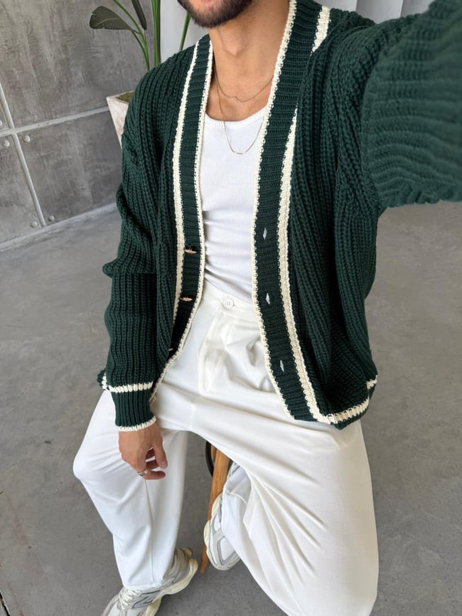 Oversize Old Money Şeritli Örme Hırka Yeşil-Ekru