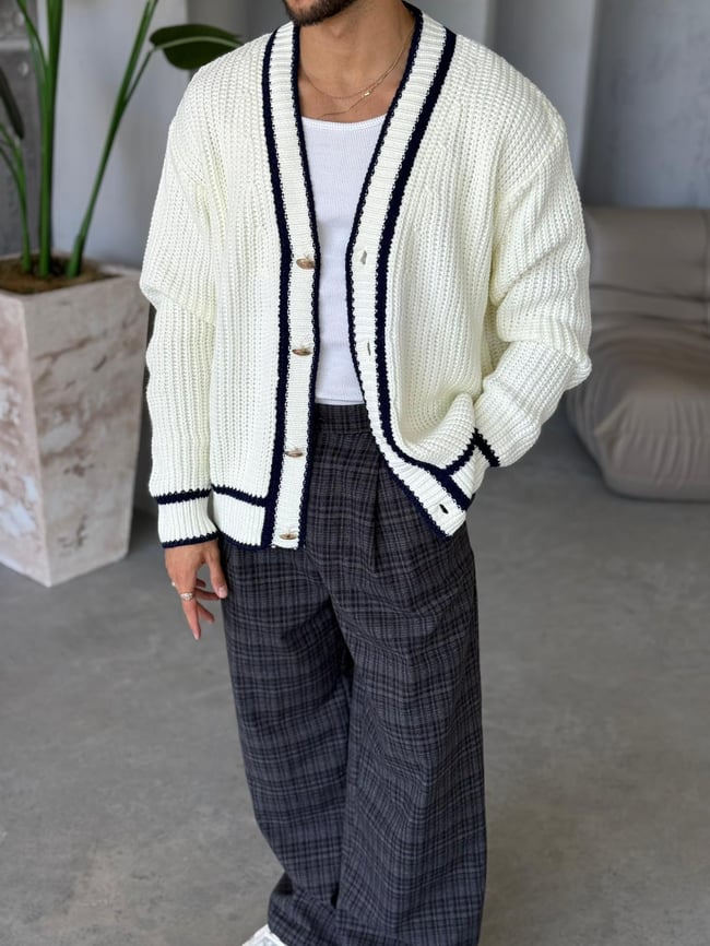 Oversize Old Money Şeritli Örme Hırka Ekru-Laci